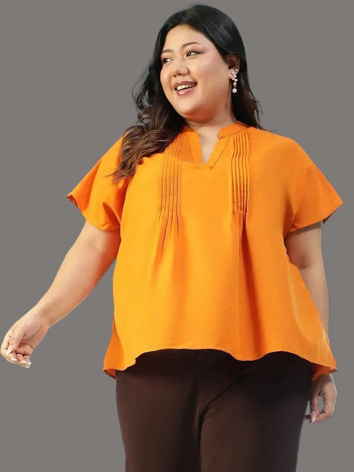 Plus Size Women Top - Mustard Flutter Sleeve Blouse With Pleated Short Sleeves