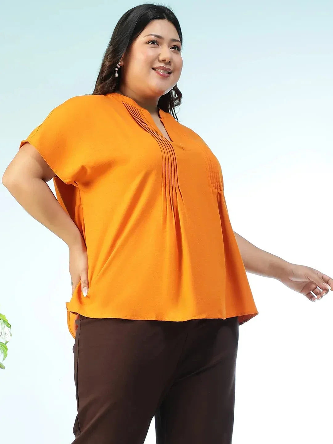Zenvibe Solid Mustard Pleated Flutter Short Sleeve Plus Size Women Top - oxolloxo