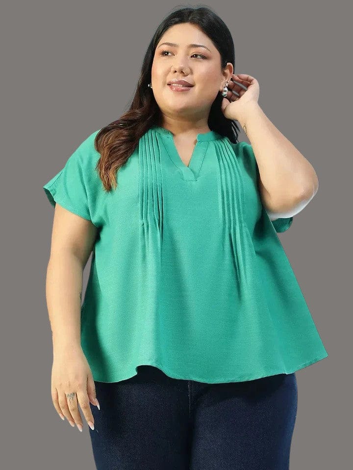 Plus Size Women Top - Green Flutter Sleeve Pleated Short Sleeve Shirt