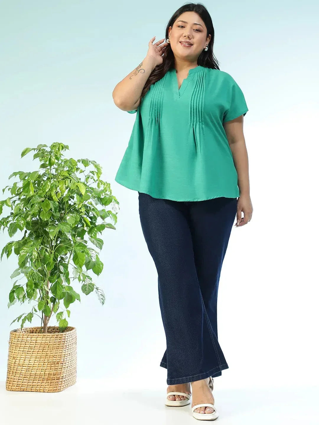 Tonepop Solid Green Pleated Flutter Short Sleeve Plus Size Women Top - oxolloxo