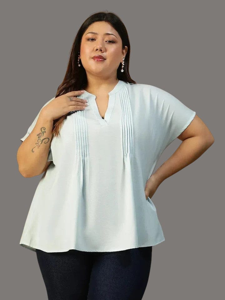 Plus Size Women Top - Light Blue Pleated Flutter Sleeve Blouse With Mandarin V Neck