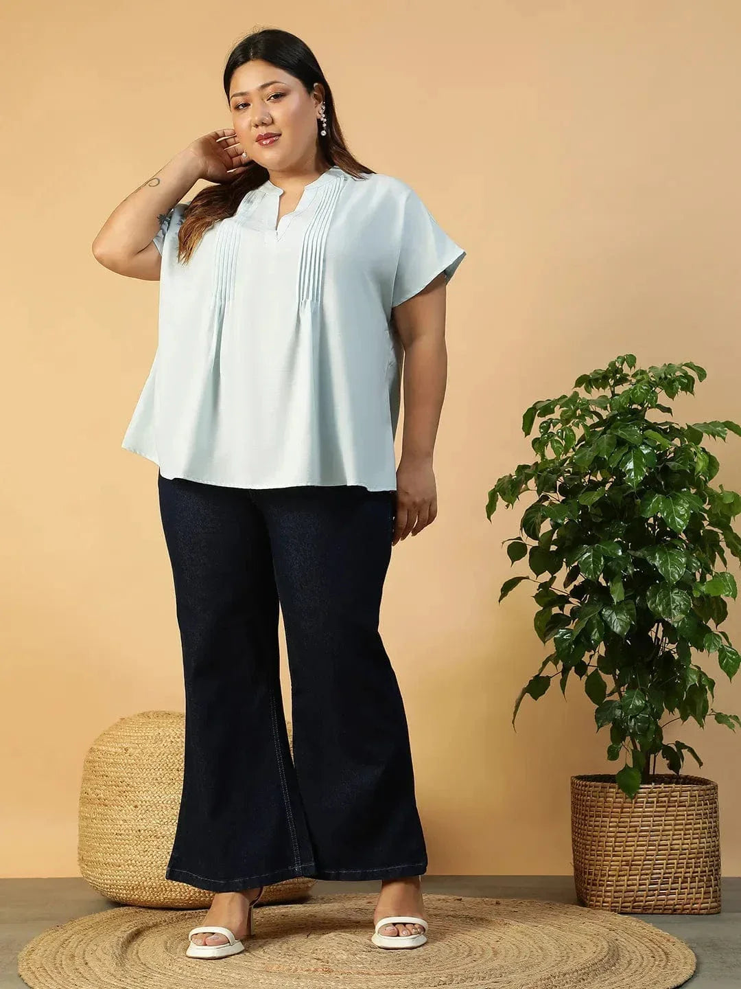 Solid Light Blue Pleated Flutter Short Sleeve Plus Size Women Top - oxolloxo