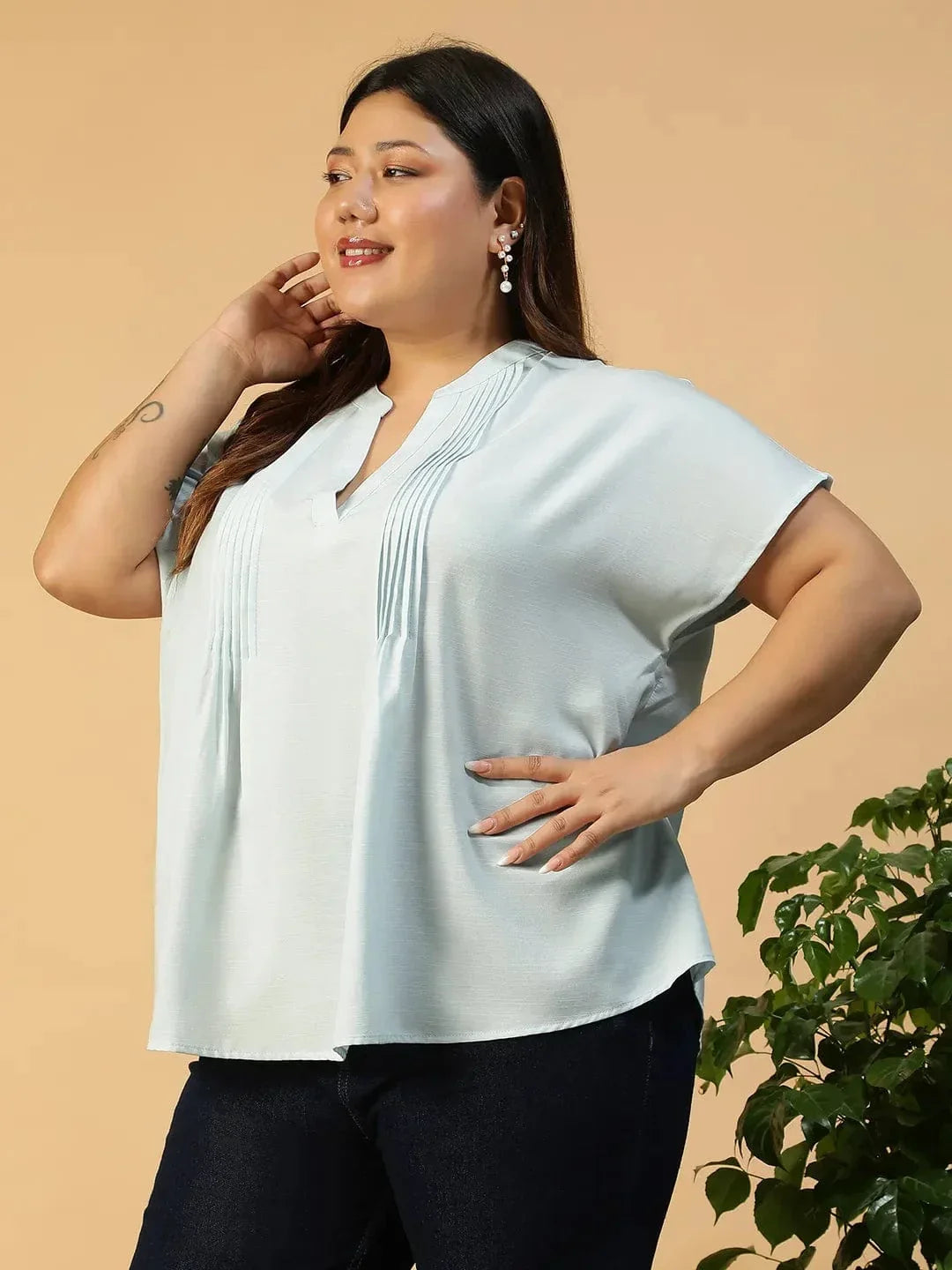 Solid Light Blue Pleated Flutter Short Sleeve Plus Size Women Top - oxolloxo