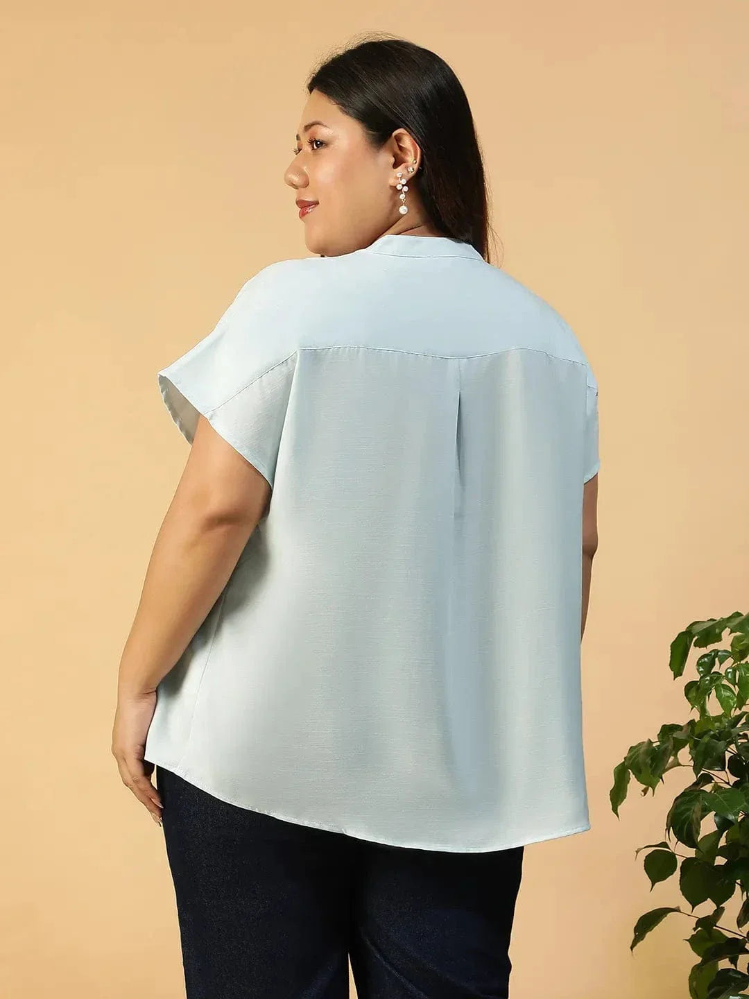 Solid Light Blue Pleated Flutter Short Sleeve Plus Size Women Top - oxolloxo