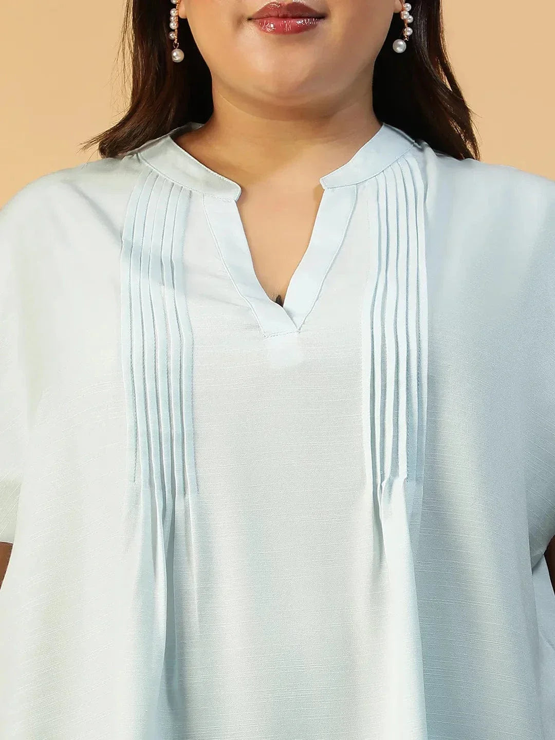 Solid Light Blue Pleated Flutter Short Sleeve Plus Size Women Top - oxolloxo