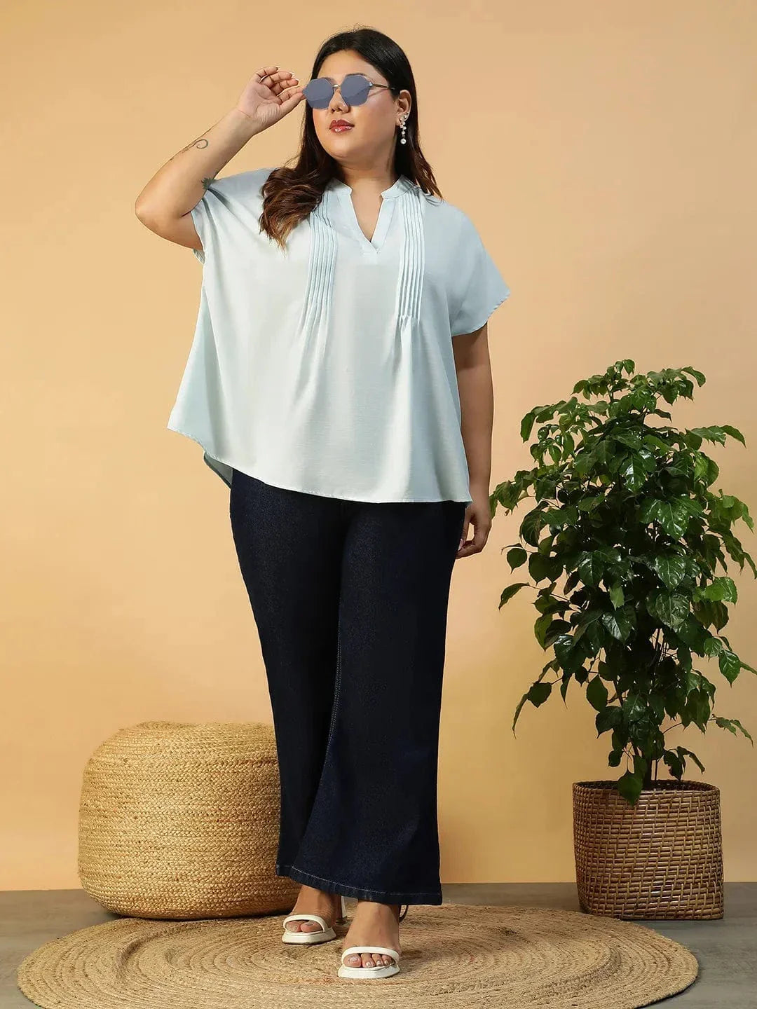 Solid Light Blue Pleated Flutter Short Sleeve Plus Size Women Top - oxolloxo