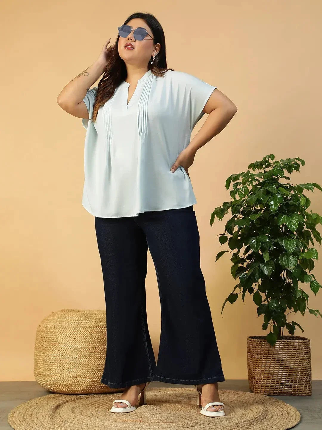 Solid Light Blue Pleated Flutter Short Sleeve Plus Size Women Top - oxolloxo