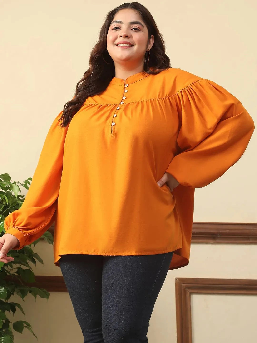 Summer Orange Round Neck With Button Placket Long Lantern Sleeve Plus Size Women Top