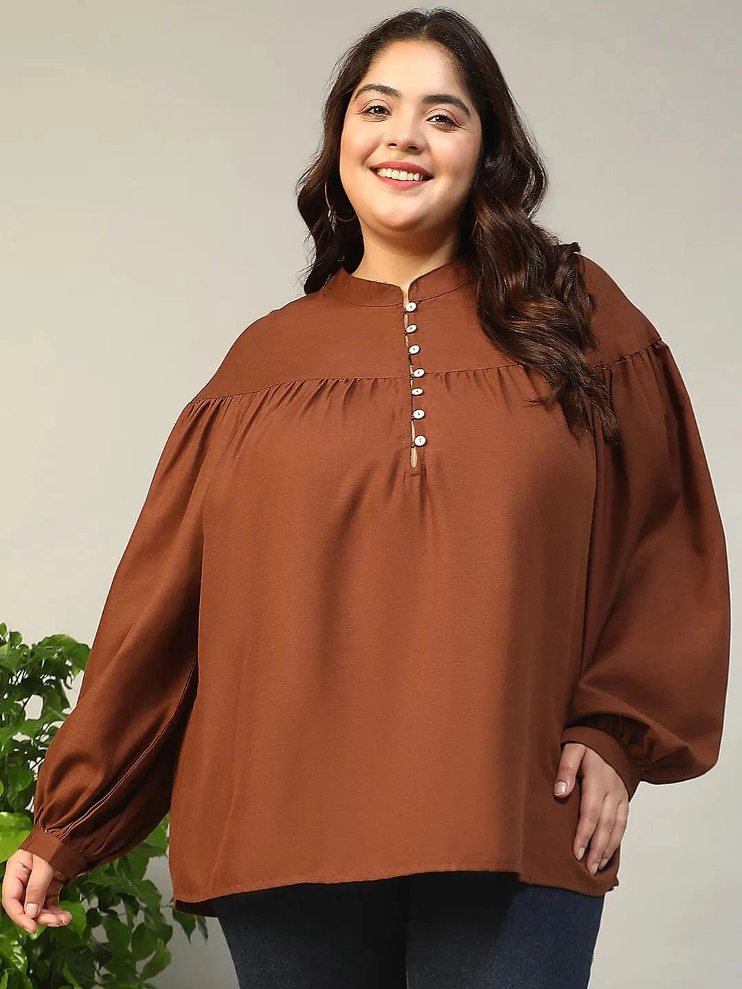 Dark Brown Round Neck With Button Placket Long Lantern Sleeve Plus Size Women Top