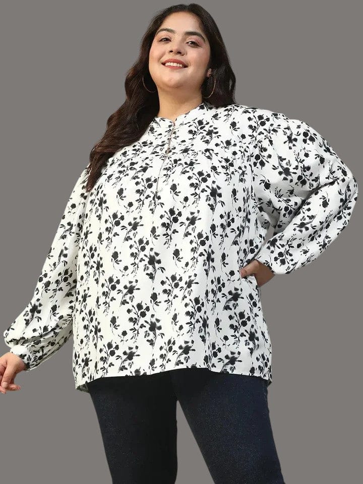 Plus Size White Floral Printed Top