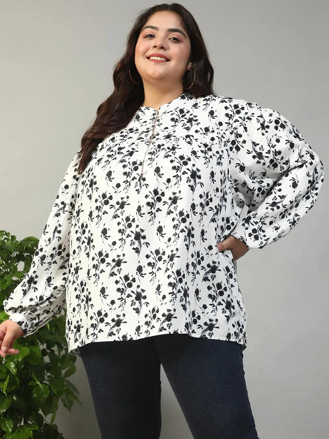 Street White Floral Print Round Neck With Button Placket Long Lantern Sleeve Plus Size Women Top