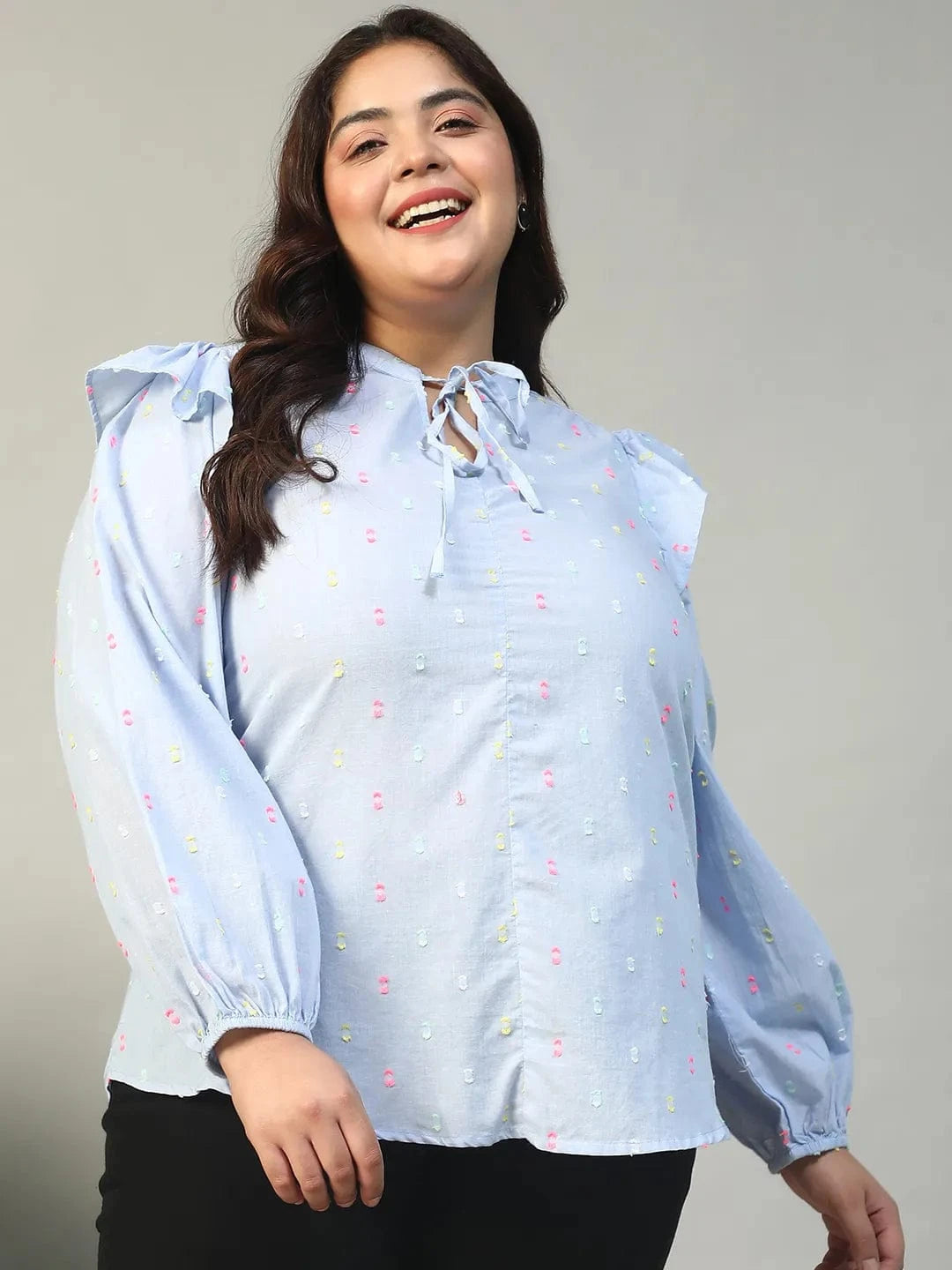 Fresher Blue Round Neck With Tie-Up Detail Long Sleeve Ruffle Flair Plus Size Women Cotton Dobby Top