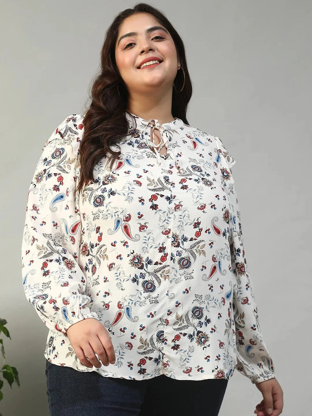Multicolor Floral Print Round Neck With Tie-Up Detail Long Sleeve Ruffle Flair Plus Size Women Top
