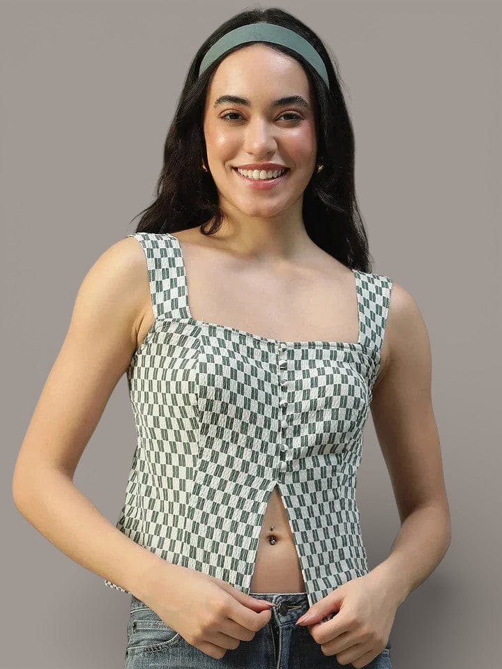 Green Check Top - Women's Summer Crop Blouse With Smocked Button Down & Square Neckline