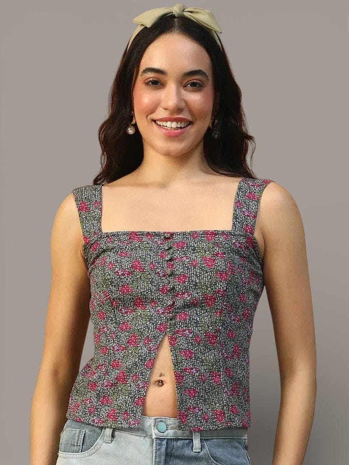 Women Seersucker Top - Multicolor Floral Print Smocked Button Down Blouse