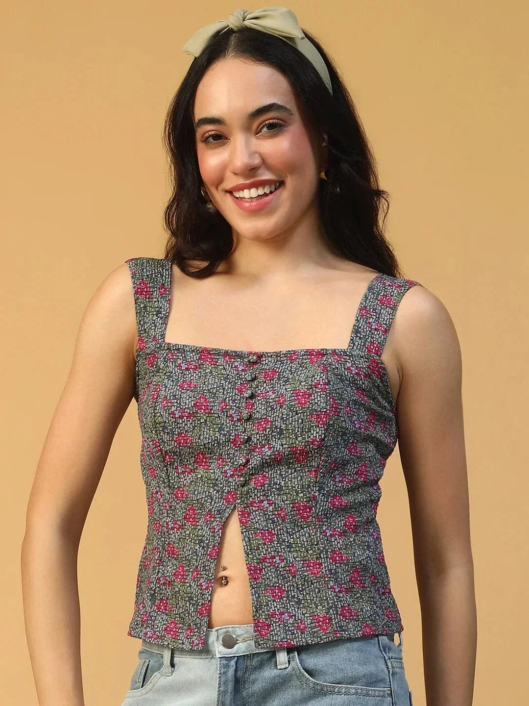 Multicolor Floral Print Smocked Button Down Women Seersucker Dobby Top - oxolloxo
