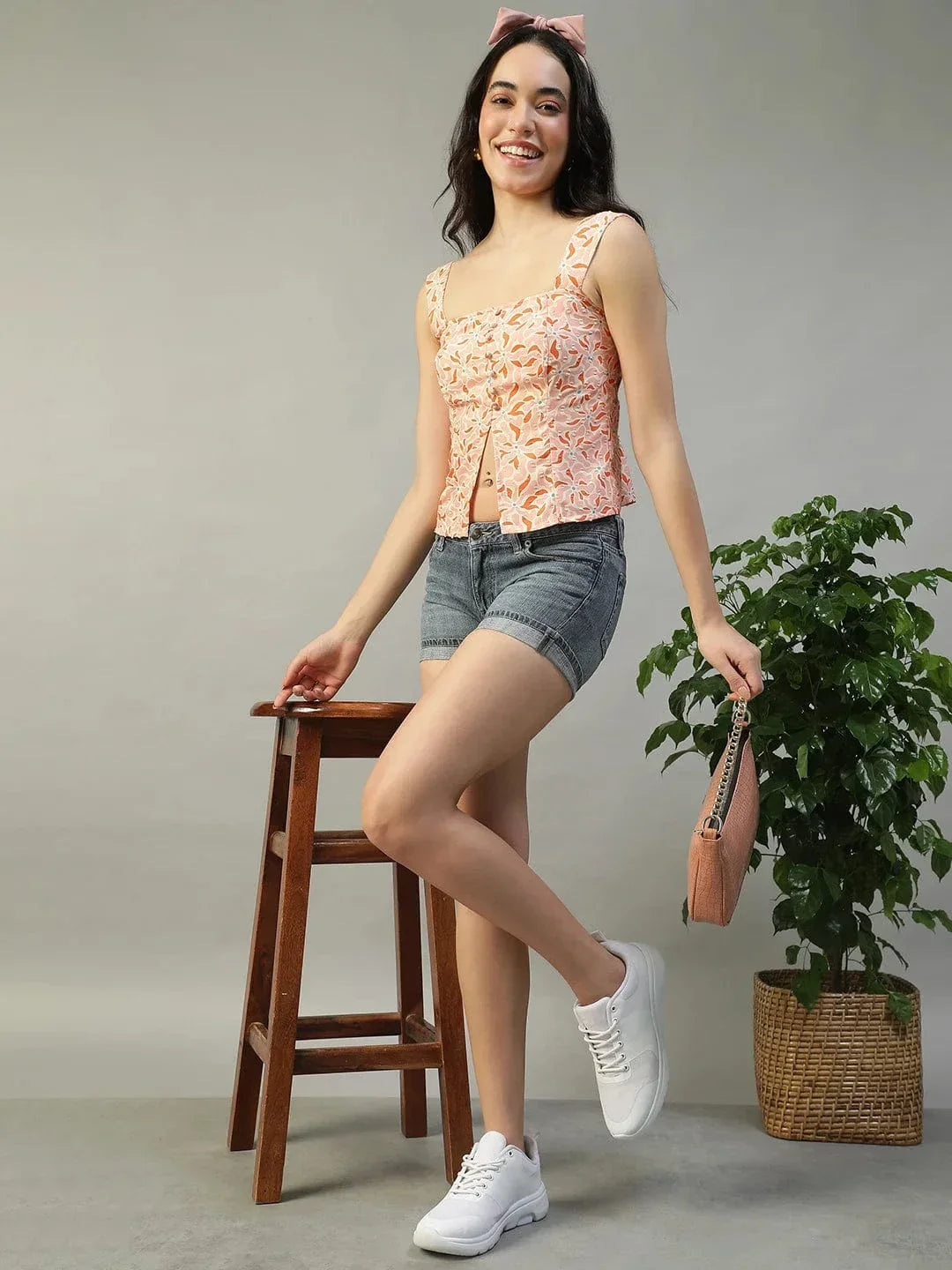 Dreamlike Peach Graphic Floral Print Smocked Button Down Women Swiss Dobby Top - oxolloxo