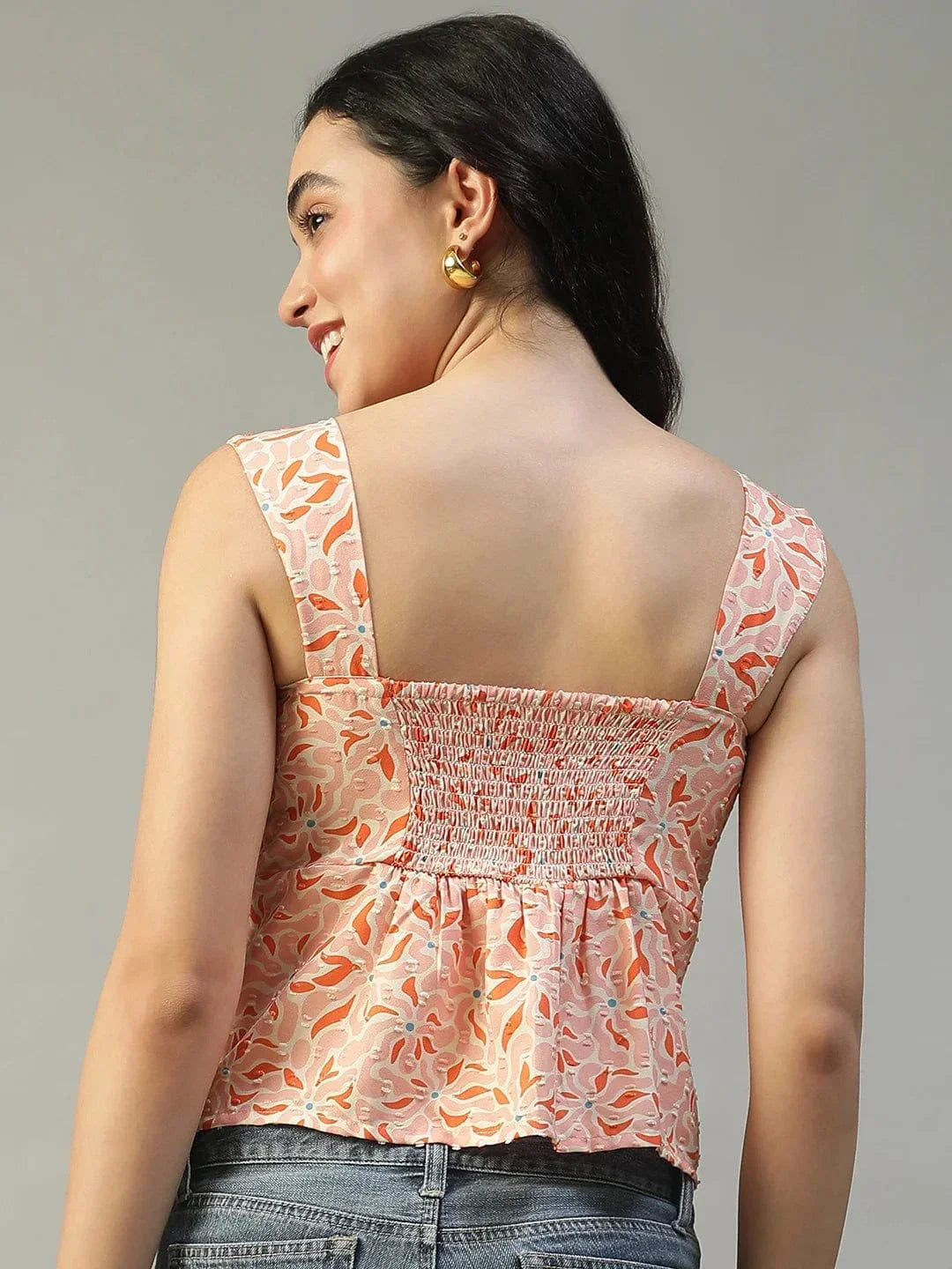 Dreamlike Peach Graphic Floral Print Smocked Button Down Women Swiss Dobby Top - oxolloxo