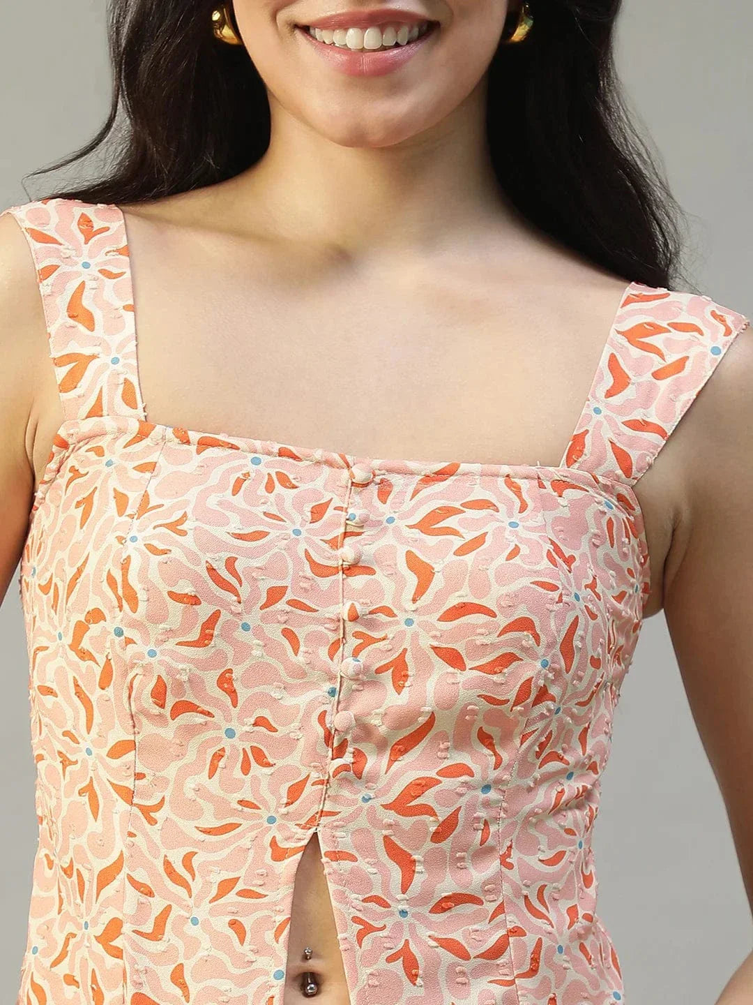 Dreamlike Peach Graphic Floral Print Smocked Button Down Women Swiss Dobby Top - oxolloxo