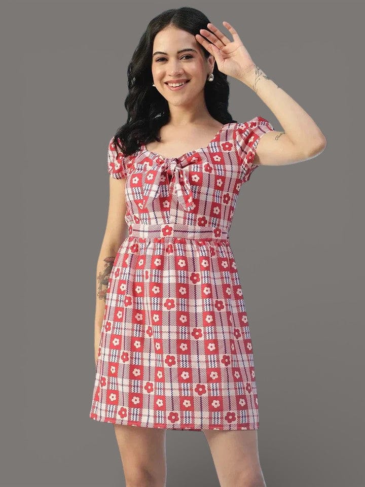 Red Floral Dress - Women's Summer Casual Tie-Up Front, Short Sleeve V Neck