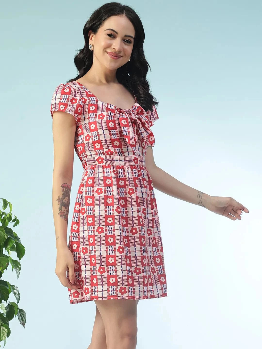 Treasure Red Floral Print Tie-Up Detail, Short Sleeves Slub Fabric Women Dress