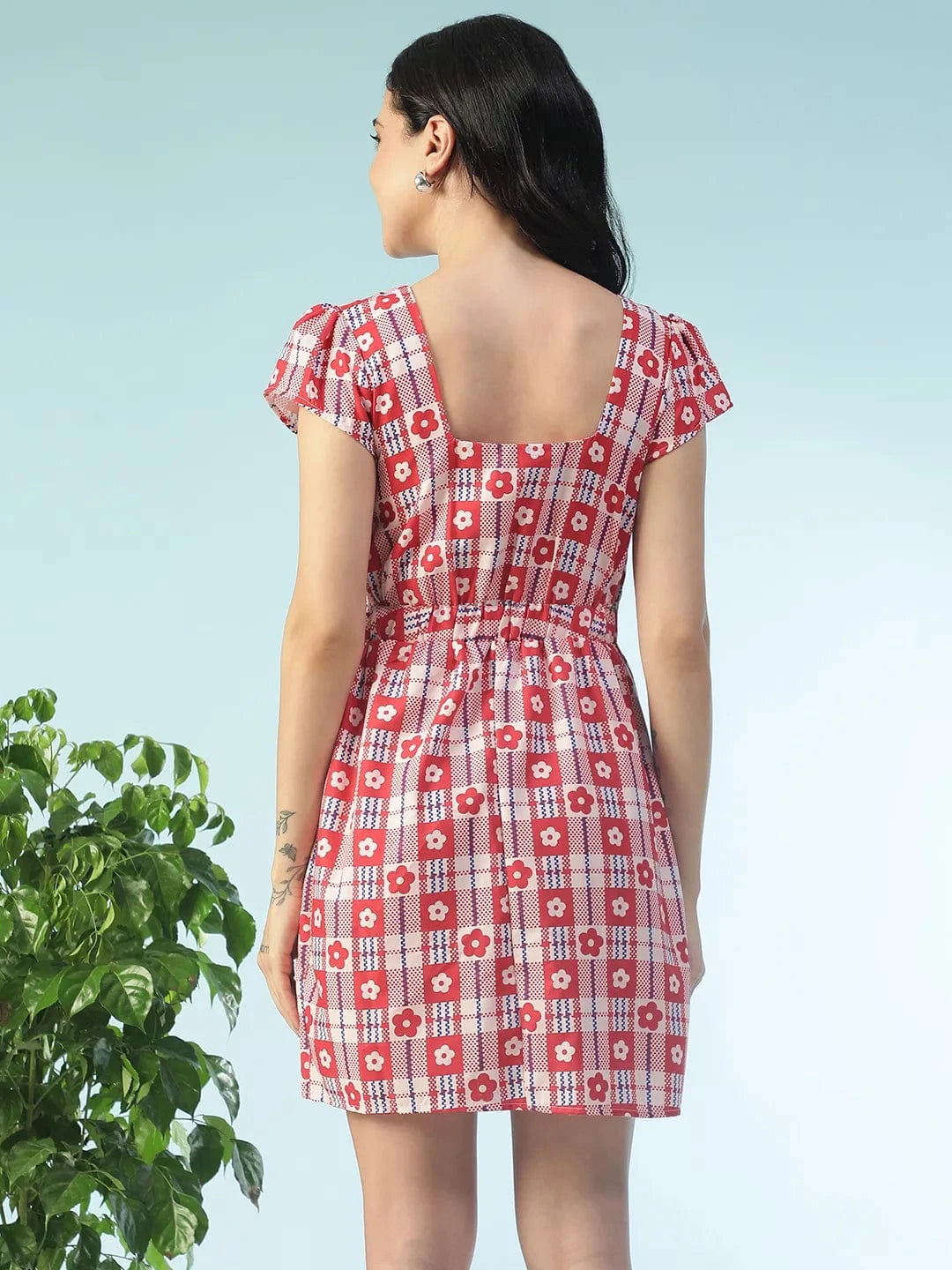 Treasure Red Floral Print Tie-Up Detail, Short Sleeves Slub Fabric Women Dress