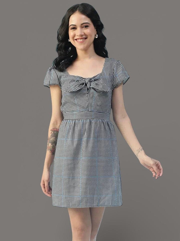 Black Check Dress - Women's Casual V Neck Tie-Up Detail Above Knee Dress