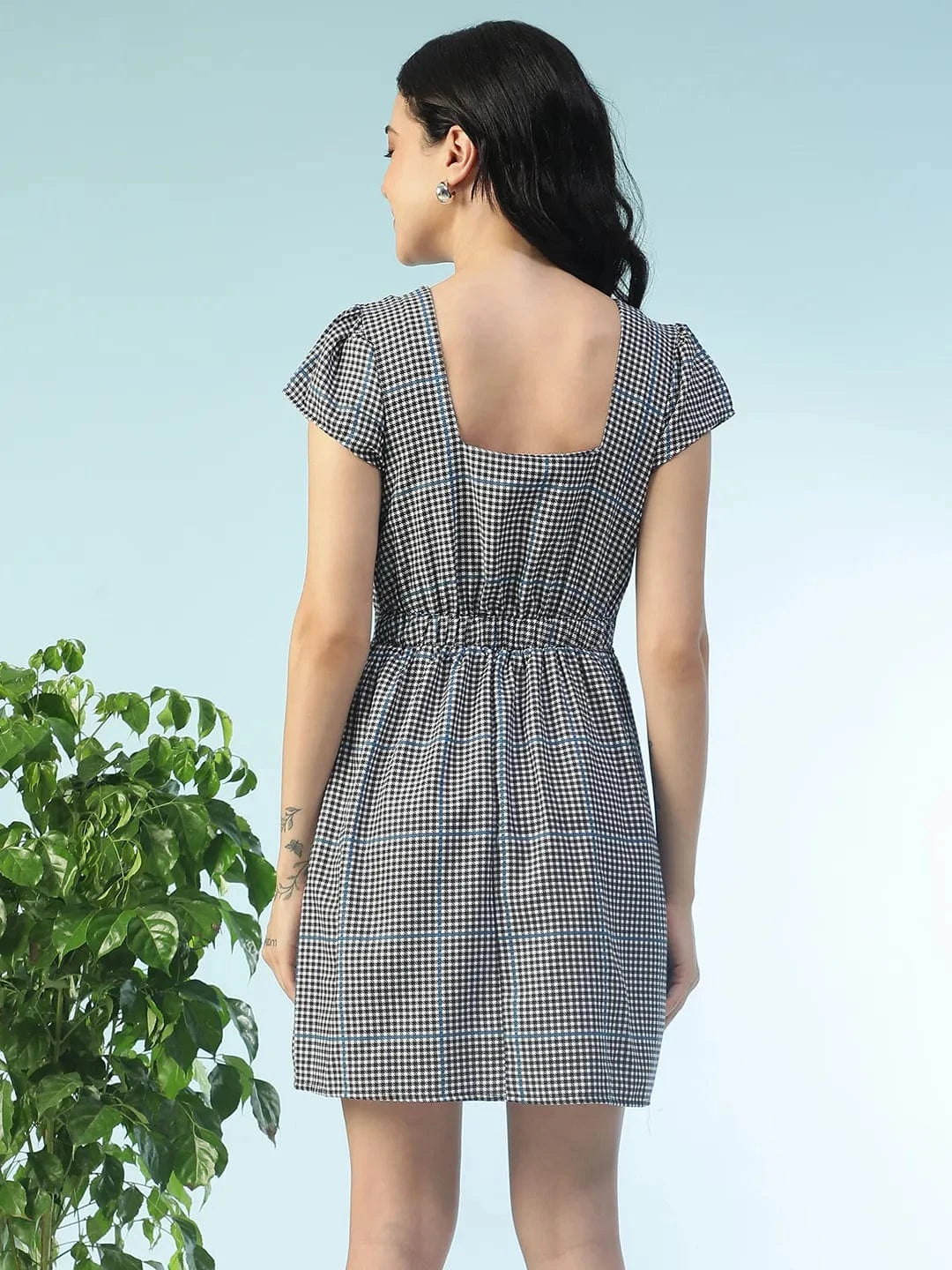 Matted Black Check Print Tie-Up Detail, Short Sleeves Slub Fabric Women Dress