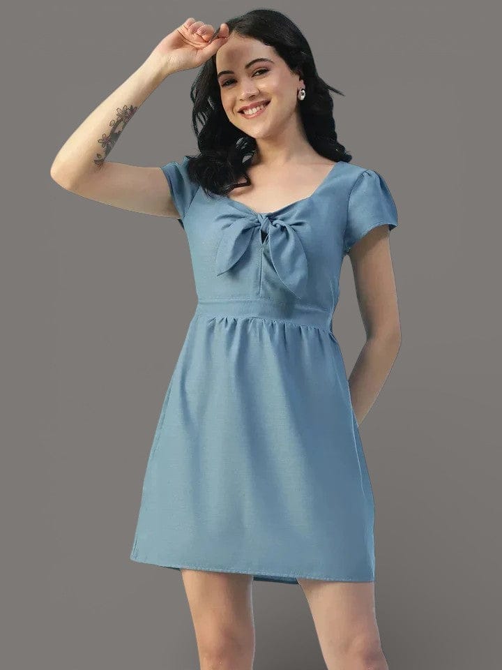Blue Tie-Up Dress - Women's Casual V Neck Short Sleeve, Breathable Viscose Slub Fabric
