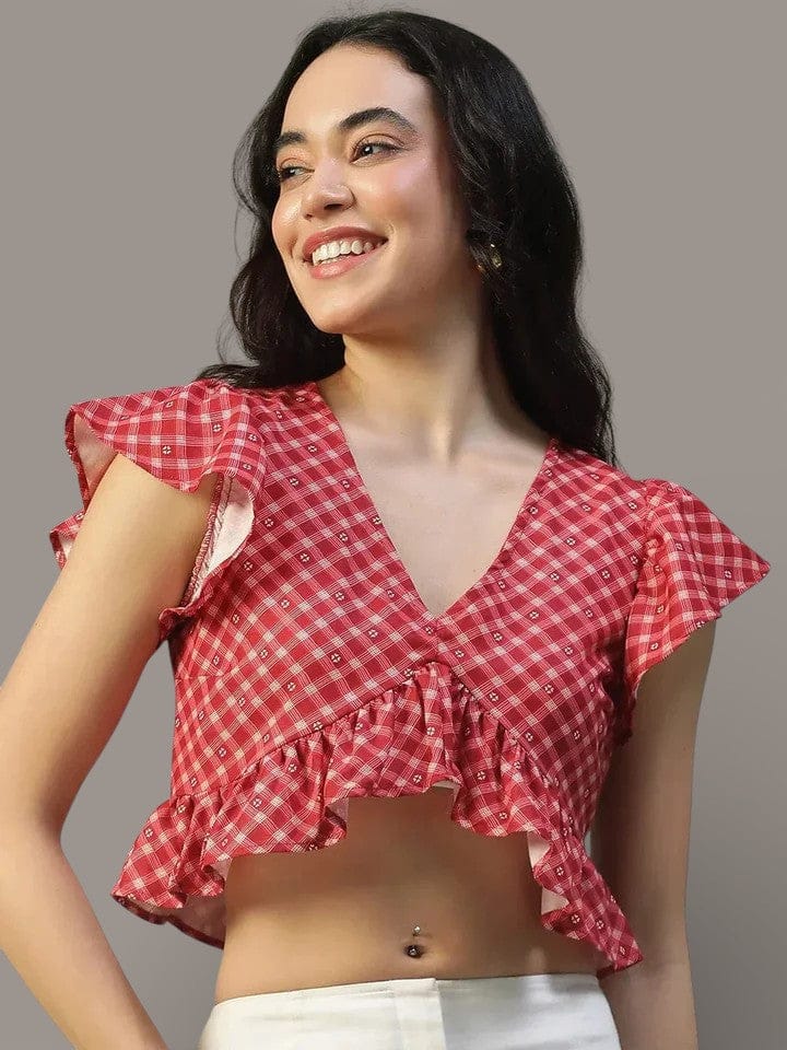Red Check Crop Top - Women's Short Sleeve V-Neck Ruffle Detail Blouse
