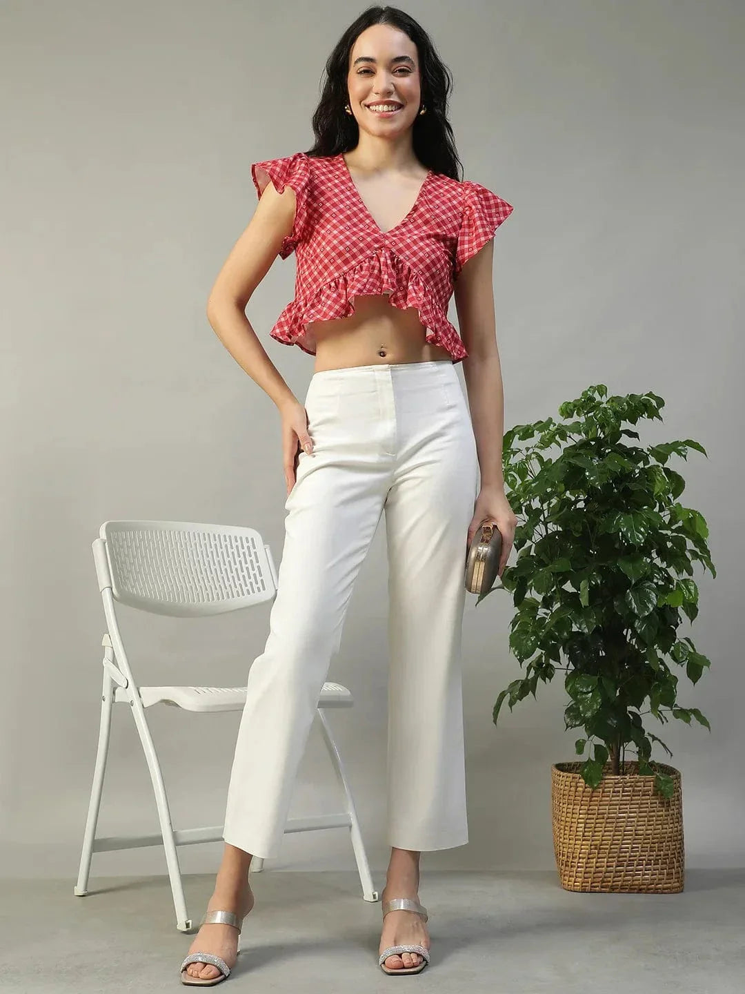 Worthy Red Check Print Short Sleeve Ruffle Detail Women Crop Top in Slub Fabric - oxolloxo