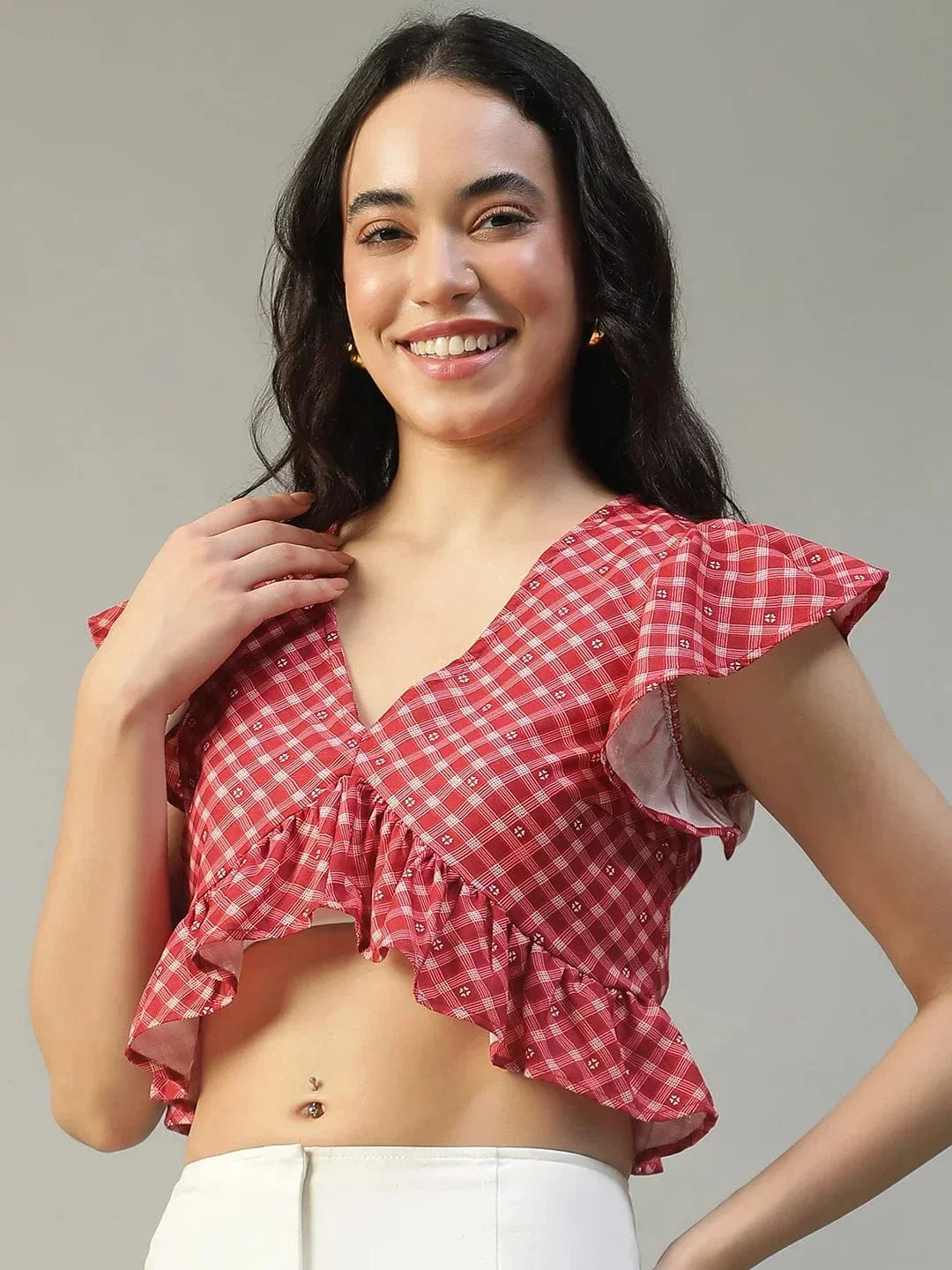 Worthy Red Check Print Short Sleeve Ruffle Detail Women Crop Top in Slub Fabric - oxolloxo