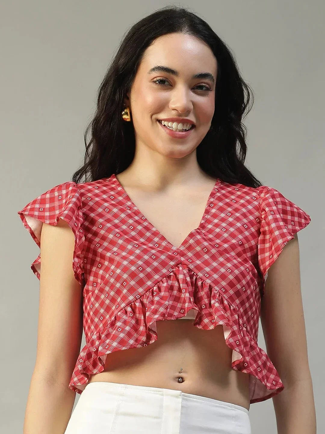 Worthy Red Check Print Short Sleeve Ruffle Detail Women Crop Top in Slub Fabric - oxolloxo