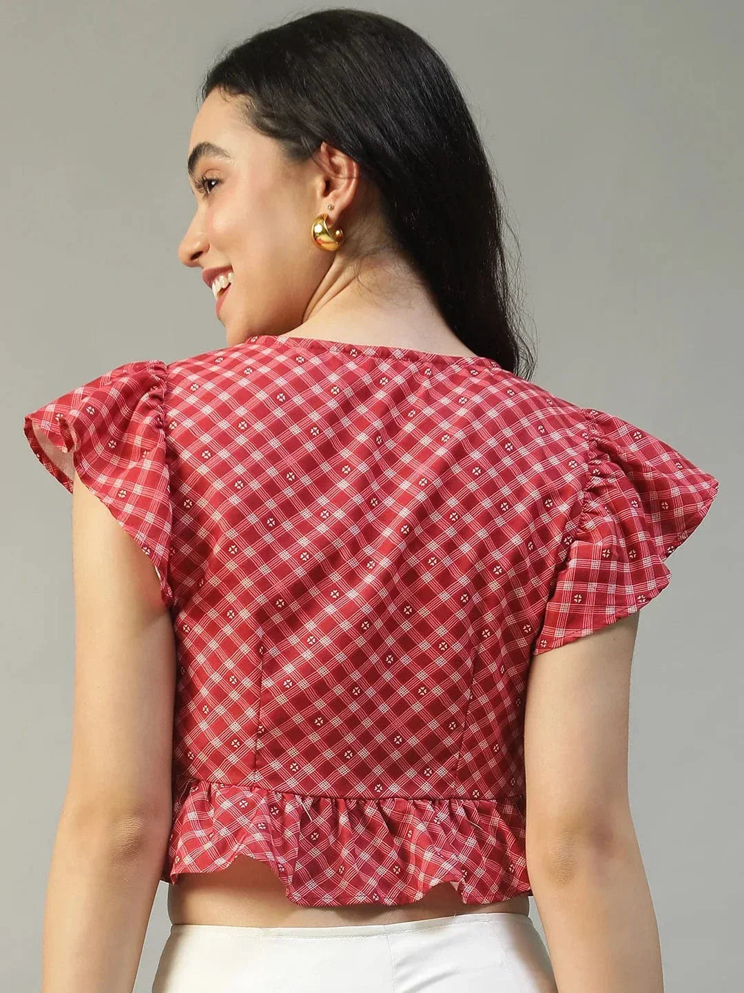Worthy Red Check Print Short Sleeve Ruffle Detail Women Crop Top in Slub Fabric - oxolloxo