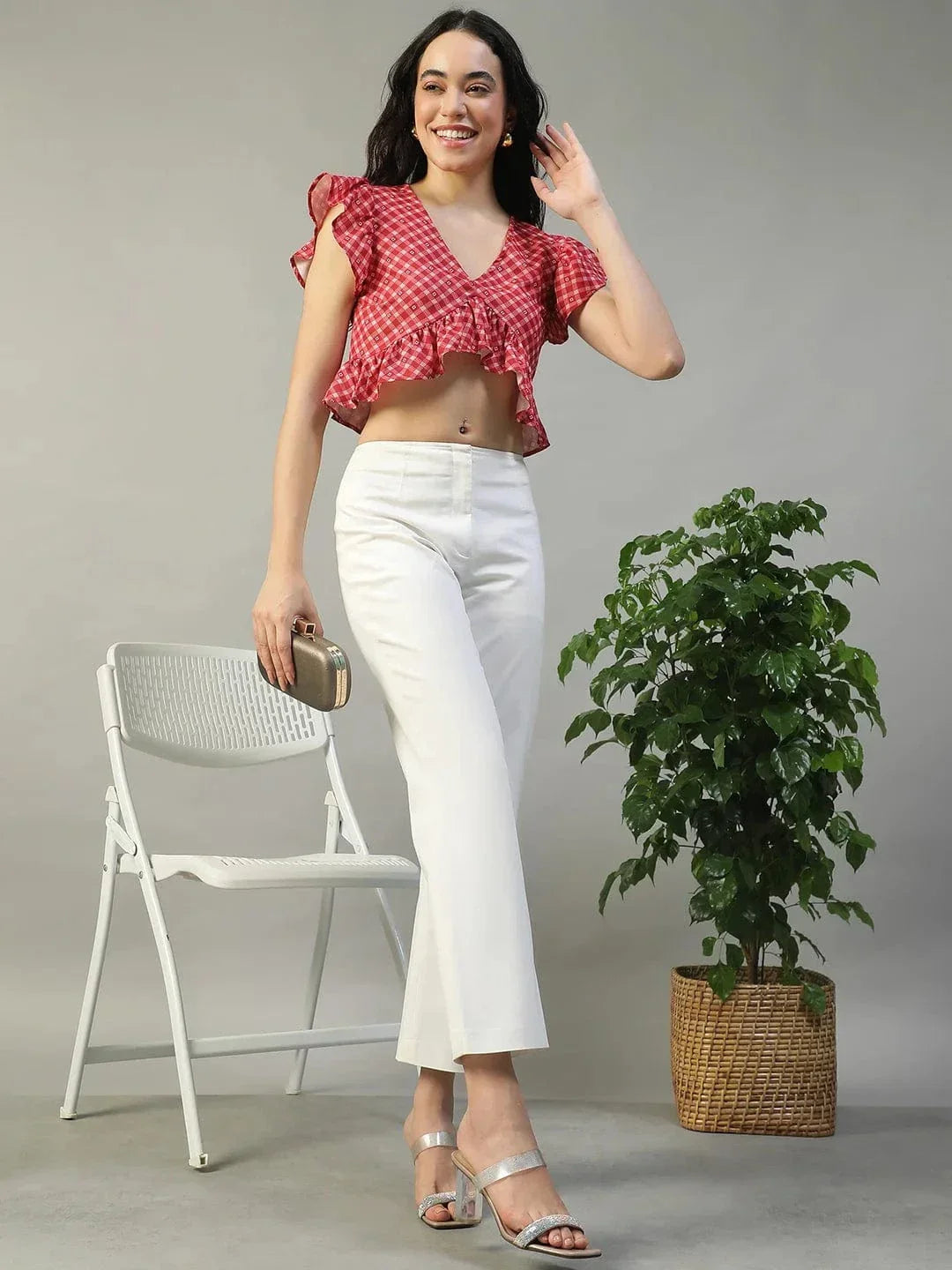 Worthy Red Check Print Short Sleeve Ruffle Detail Women Crop Top in Slub Fabric - oxolloxo