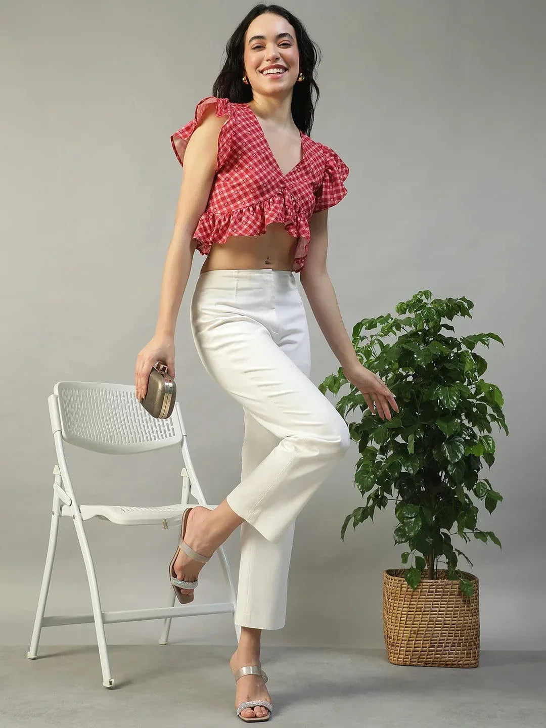 Worthy Red Check Print Short Sleeve Ruffle Detail Women Crop Top in Slub Fabric - oxolloxo