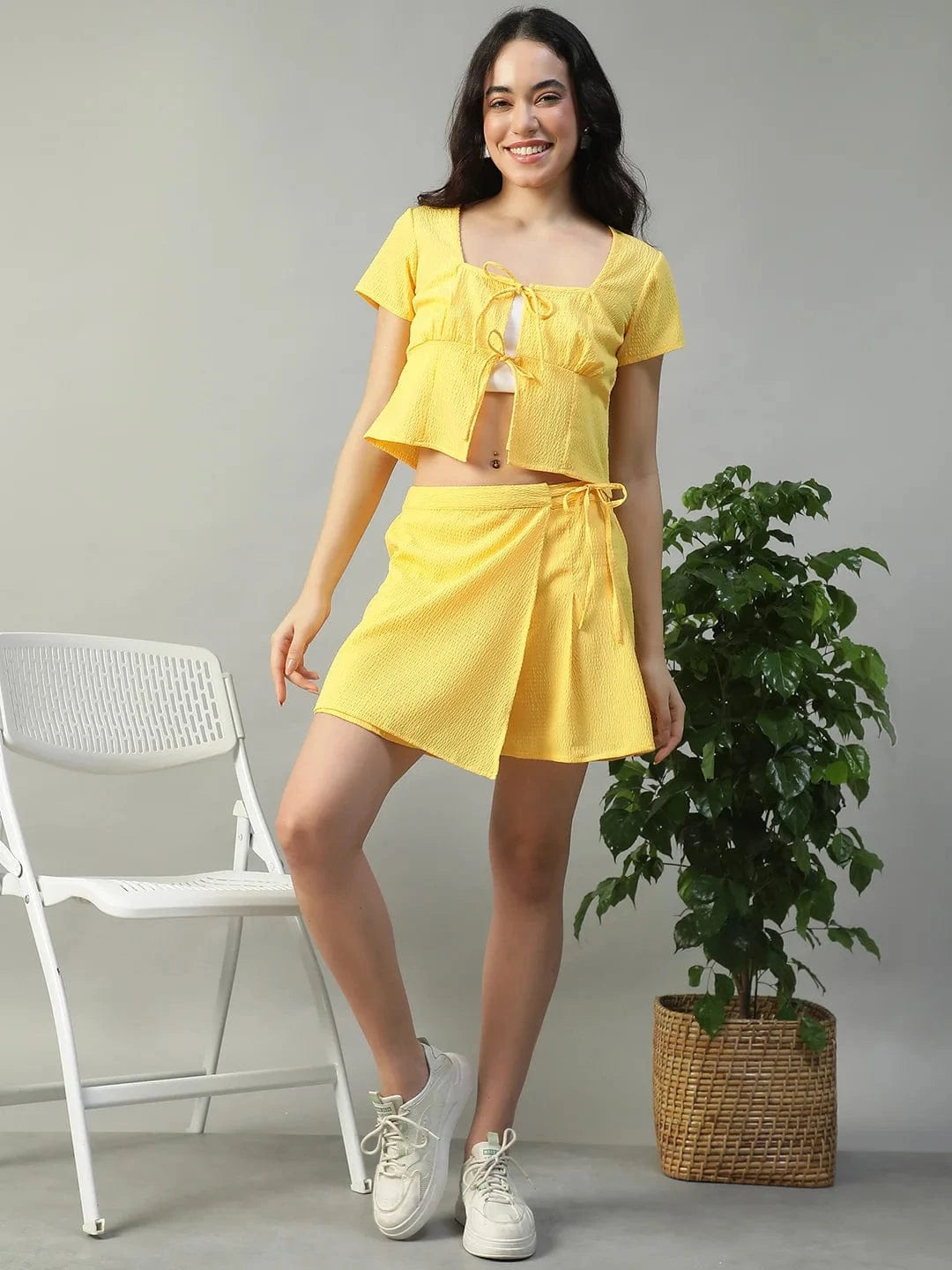 Shine Solid  Yellow Top & Flap Skort Seersucker Dobby Women Co-ord Set