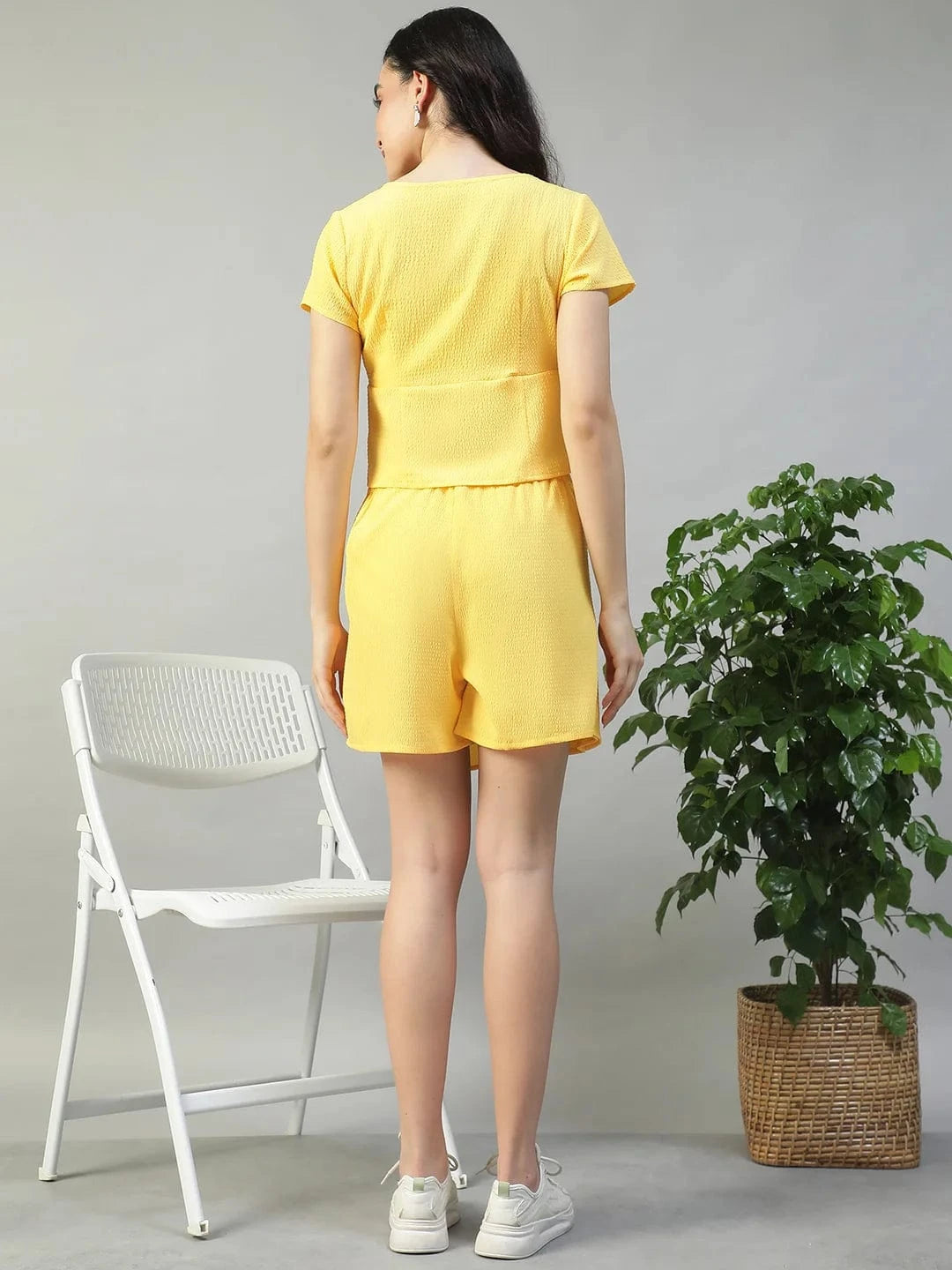 Shine Solid  Yellow Top & Flap Skort Seersucker Dobby Women Co-ord Set