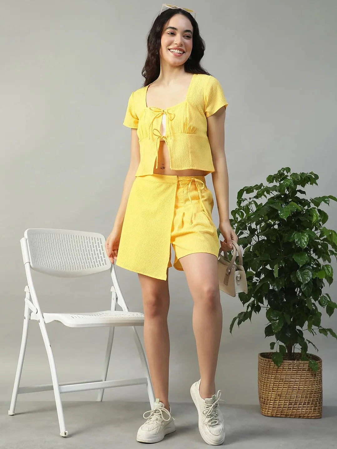Shine Solid  Yellow Top & Flap Skort Seersucker Dobby Women Co-ord Set