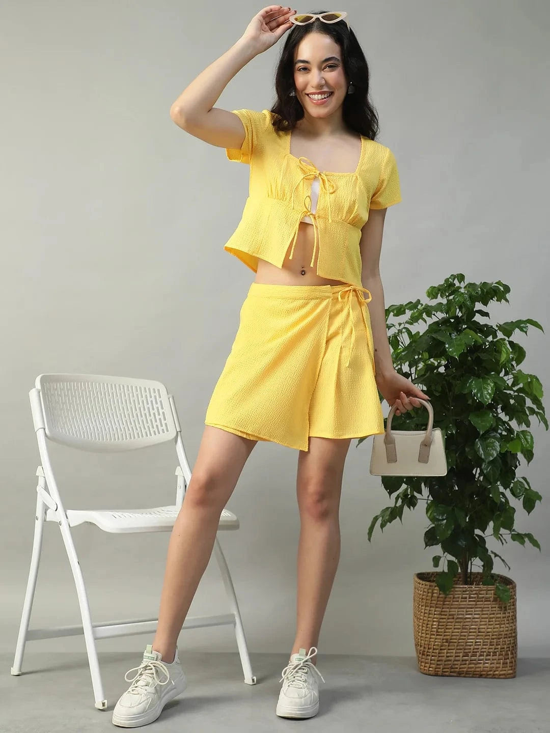 Shine Solid  Yellow Top & Flap Skort Seersucker Dobby Women Co-ord Set