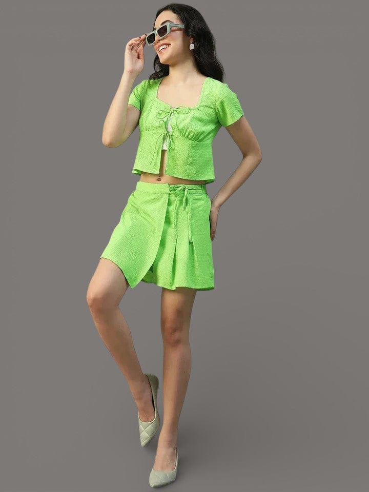 Amazed Solid Green Top & Flap Skort Seersucker Dobby Women Co-ord Set