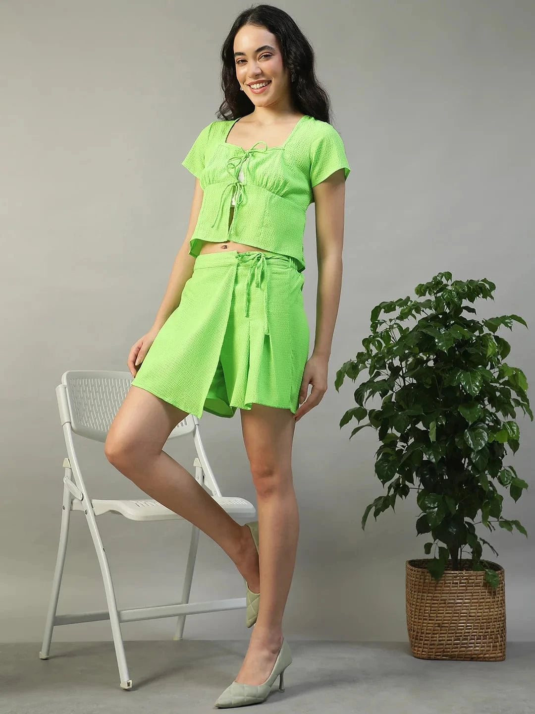 Amazed Solid Green Top & Flap Skort Seersucker Dobby Women Co-ord Set