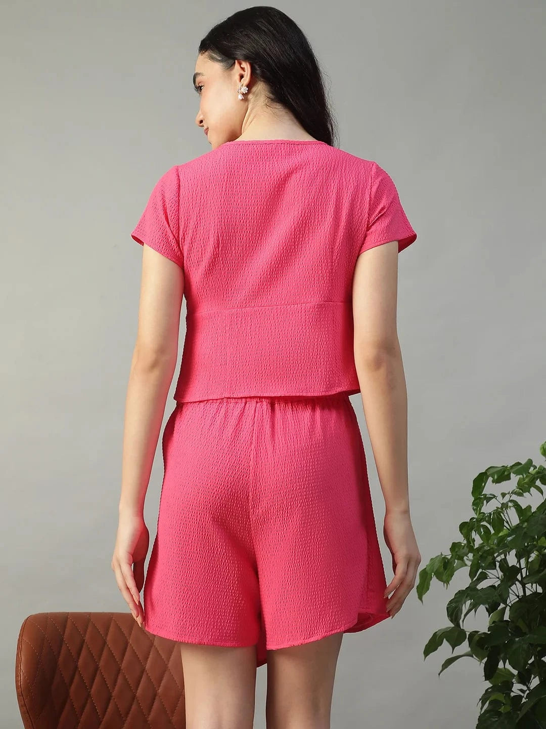 Chunky Solid Pink Top & Flap Skort Seersucker Dobby Women Co-ord Set