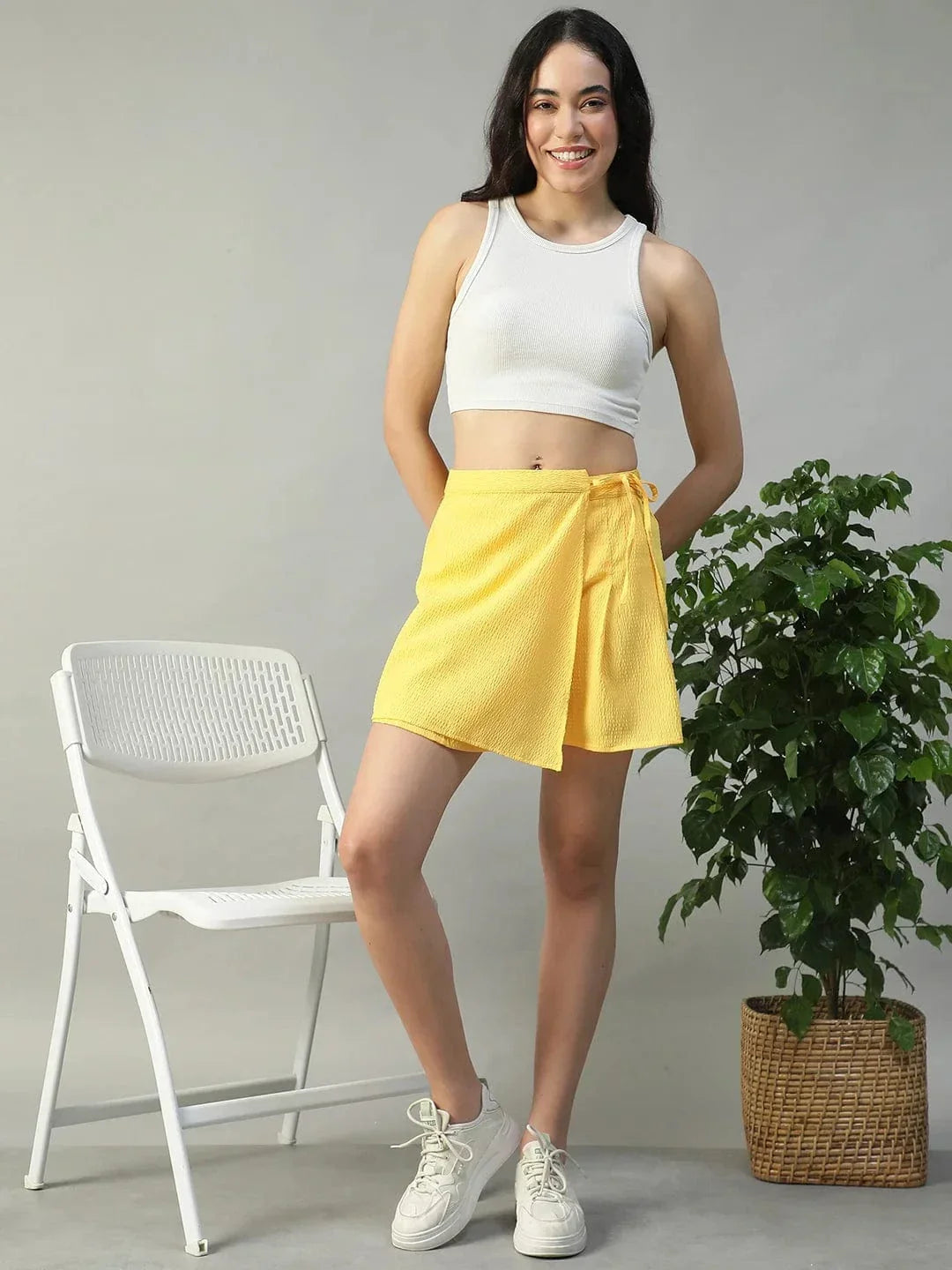 Vibey Solid Yellow Elasticated Tie-Up Detail Seersucker Dobby Women Skort with Front Flap - oxolloxo