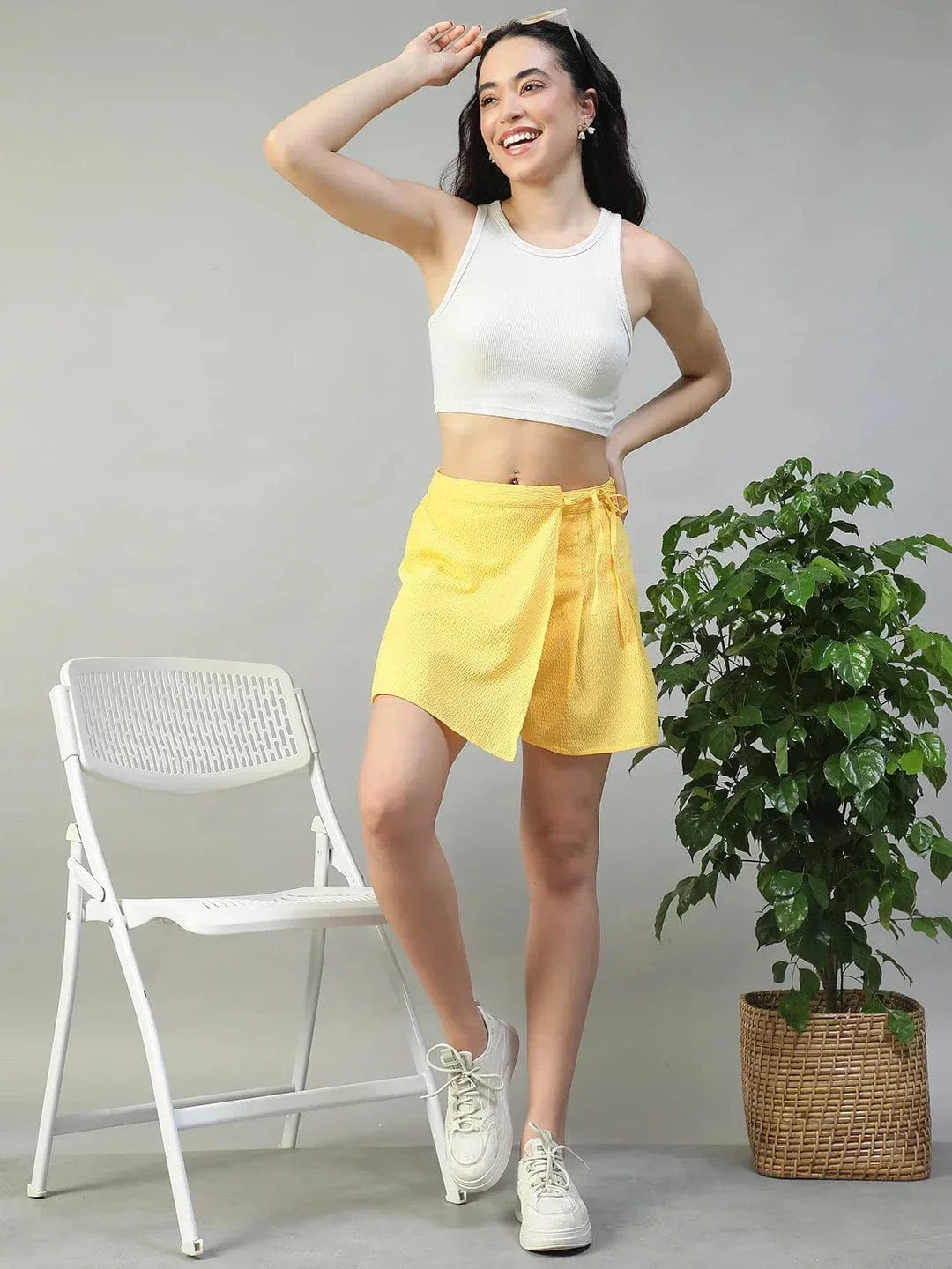 Vibey Solid Yellow Elasticated Tie-Up Detail Seersucker Dobby Women Skort with Front Flap - oxolloxo