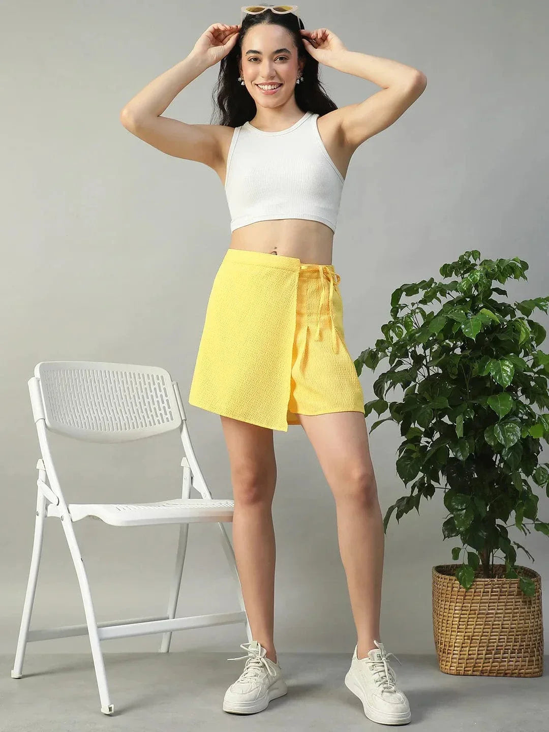 Vibey Solid Yellow Elasticated Tie-Up Detail Seersucker Dobby Women Skort with Front Flap - oxolloxo