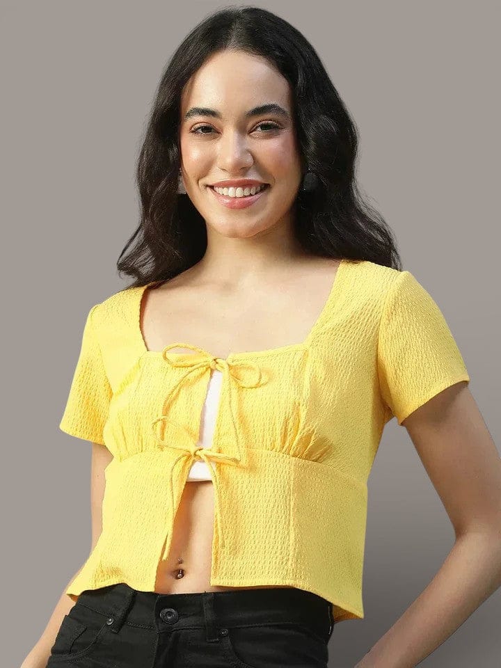 Yellow Seersucker Top - Women's Casual Short Sleeve Tie-Up Blouse With Textured Dobby Fabric