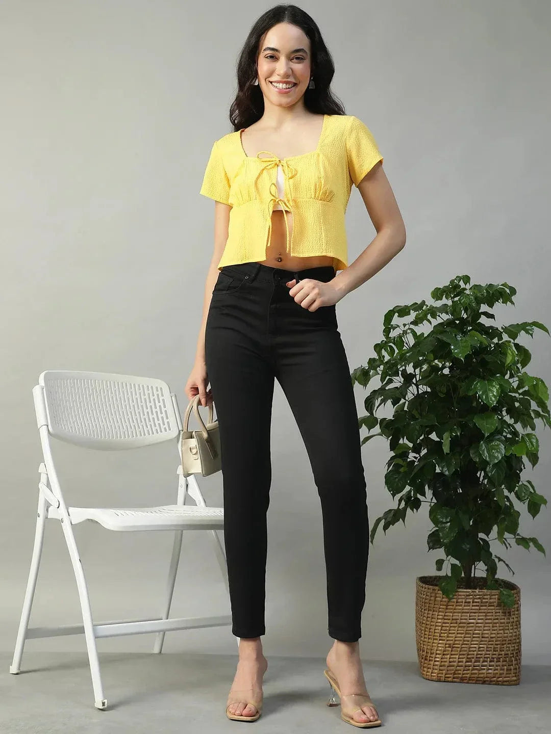Electric Solid Yellow Tie-Up Detail Short Sleeve Seersucker Dobby Women Top - oxolloxo