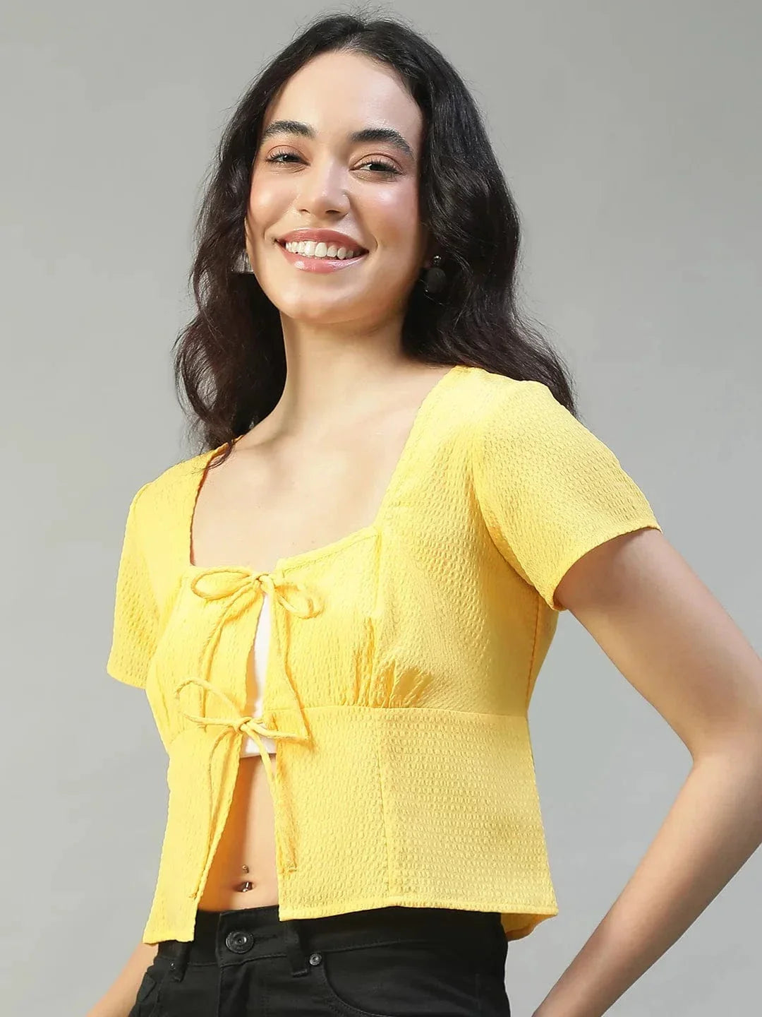 Electric Solid Yellow Tie-Up Detail Short Sleeve Seersucker Dobby Women Top - oxolloxo