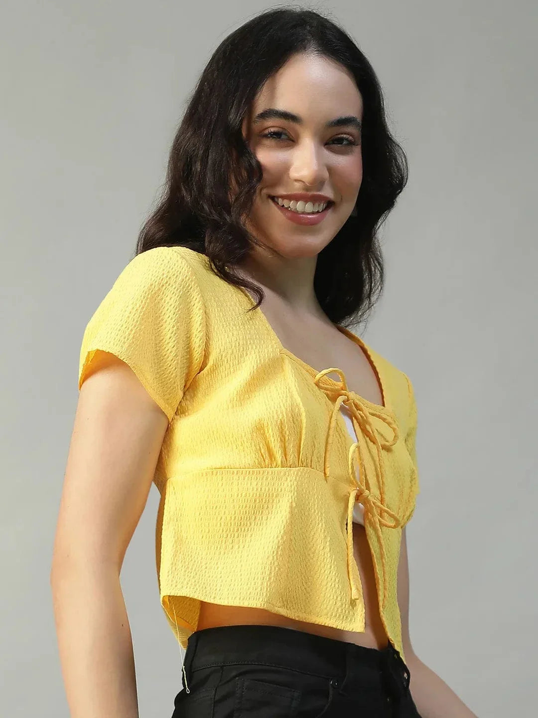 Electric Solid Yellow Tie-Up Detail Short Sleeve Seersucker Dobby Women Top - oxolloxo